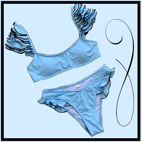 Layered Ruffled Shoulders Light Blue Bikini NWT - Picture 5 of 13